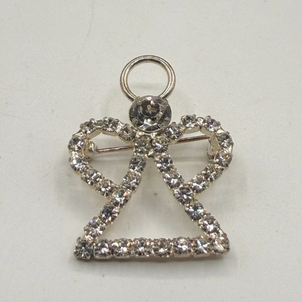 Rhinestone Angel Brooch Silver Tone Halo Christmas Holiday Statement Gift Pin